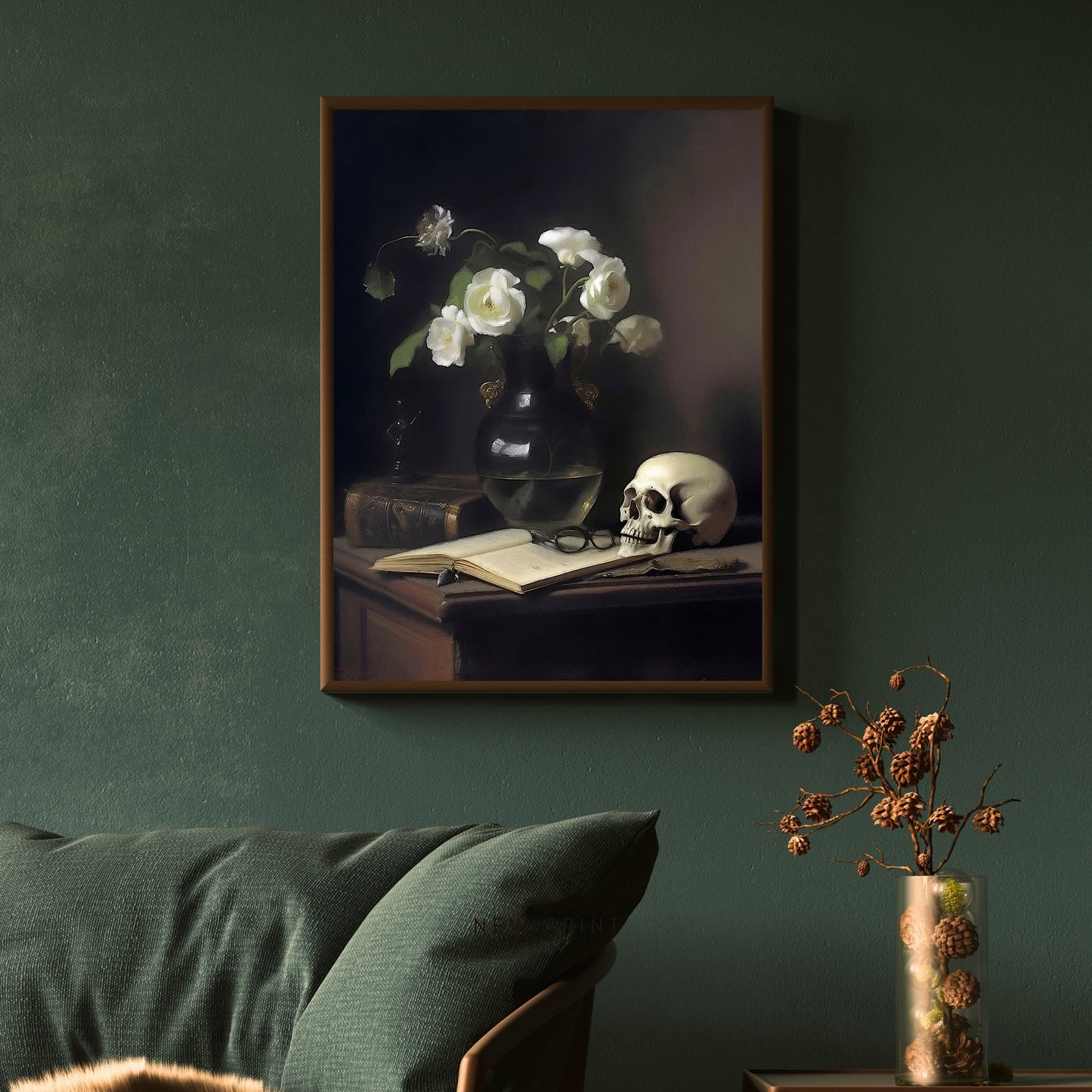 White Roses & Skull Dark Academia Wall Art Moody Oil Painting, Gothic Floral, Goblincore, Cottagecore Decor, Still Life Paper Poster Prints