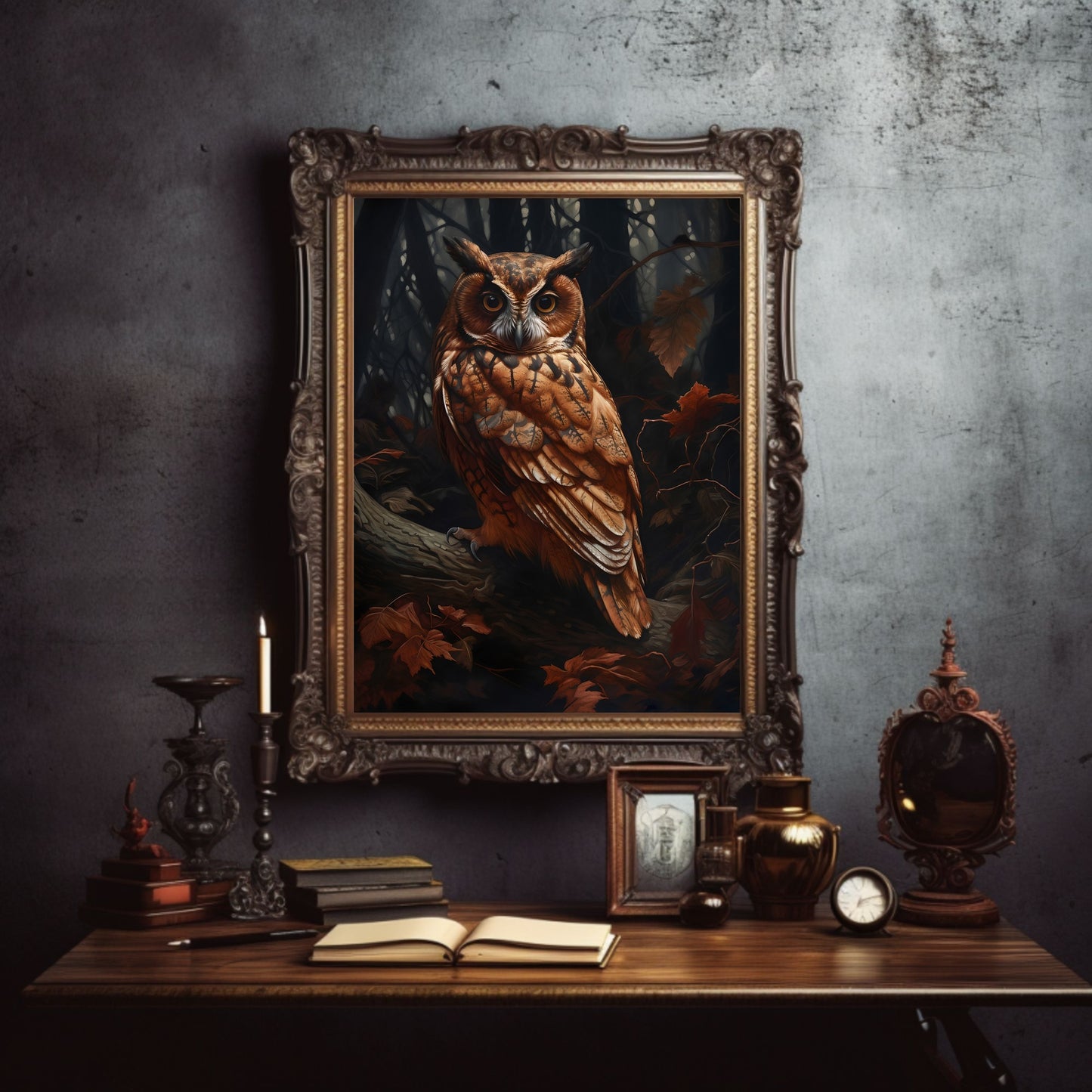 Owl in Dark Forest Wall Art Dark Academia, Goblincore, Victorian, Moody Antique Painting, Witchy Gothic Cottagecore Decor Paper Poster Prints