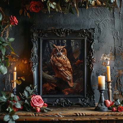 Owl in Dark Forest Wall Art Dark Academia, Goblincore, Victorian, Moody Antique Painting, Witchy Gothic Cottagecore Decor Paper Poster Prints