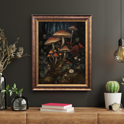 Mushrooms in Woodland Wall Art Dark Academia, Goblincore, Vintage Botanical Decor, Witchy Gothic Cottagecore, Mushroom Paper Poster Prints