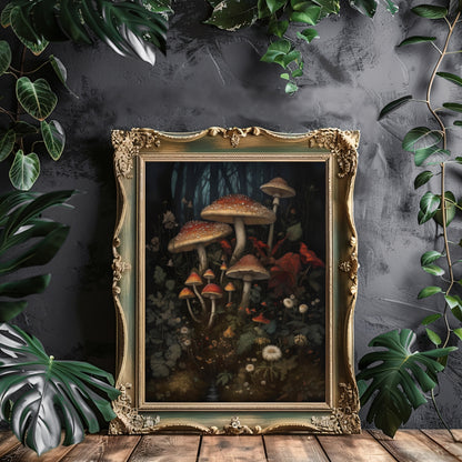 Mushrooms in Woodland Gothic Wall Art Dark Academia, Goblincore, Vintage Botanical Decor, Witchy Gothic Cottagecore, Mushroom Paper Poster Prints