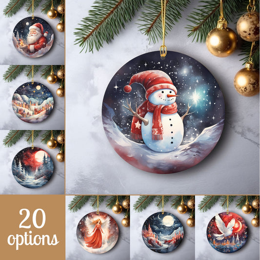 Aquarell-Weihnachtsornamente, Set mit 20 runden Keramikornamenten mit lebendigen klassischen Weihnachtsmotiven, festliche Weihnachtsbaumdekoration