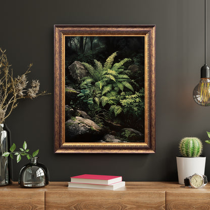 Deep Forest Fern, Dark Cottagecore Print, Vintage Botanical Decor, Green Aesthetic Wall Art, Goblincore Oil Painting, Dark Moody  Paper Poster Prints