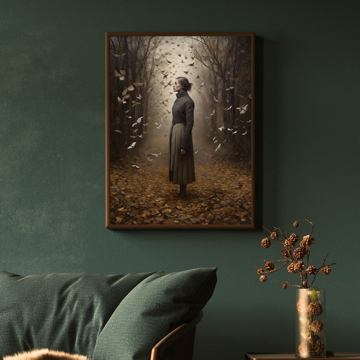 Queen of Moths Moody Wall Art, Woman in Misty Autumn Woodland, Surrounded by Moths, Dark Mystical Painting, Dark Home Decor Paper Poster Prints