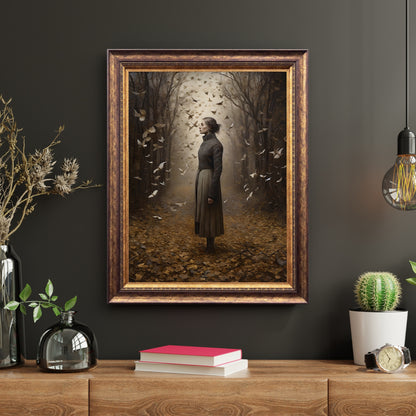 Queen of Moths Moody Wall Art, Woman in Misty Autumn Woodland, Surrounded by Moths, Dark Mystical Painting, Dark Home Decor Paper Poster Prints