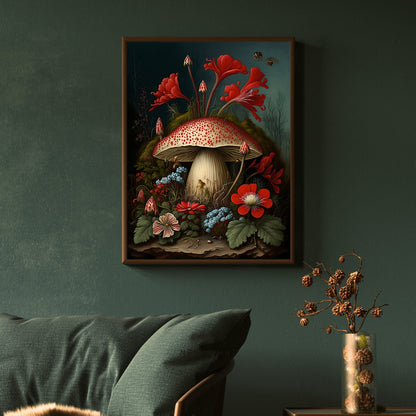 Mushrooms and Flowers in Woodland Wall Art, Dark Academia, Goblincore, Botanical Decor, Witchy Gothic Cottagecore, Mushroom Art Paper Poster Prints