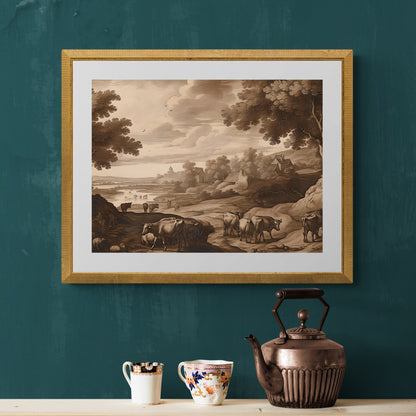 Antique Moody Rural Painting, Brown Beige Paper Poster Prints Country Landscape with Animals, Earth Tone Baroque Art, Vintage Scenery Print