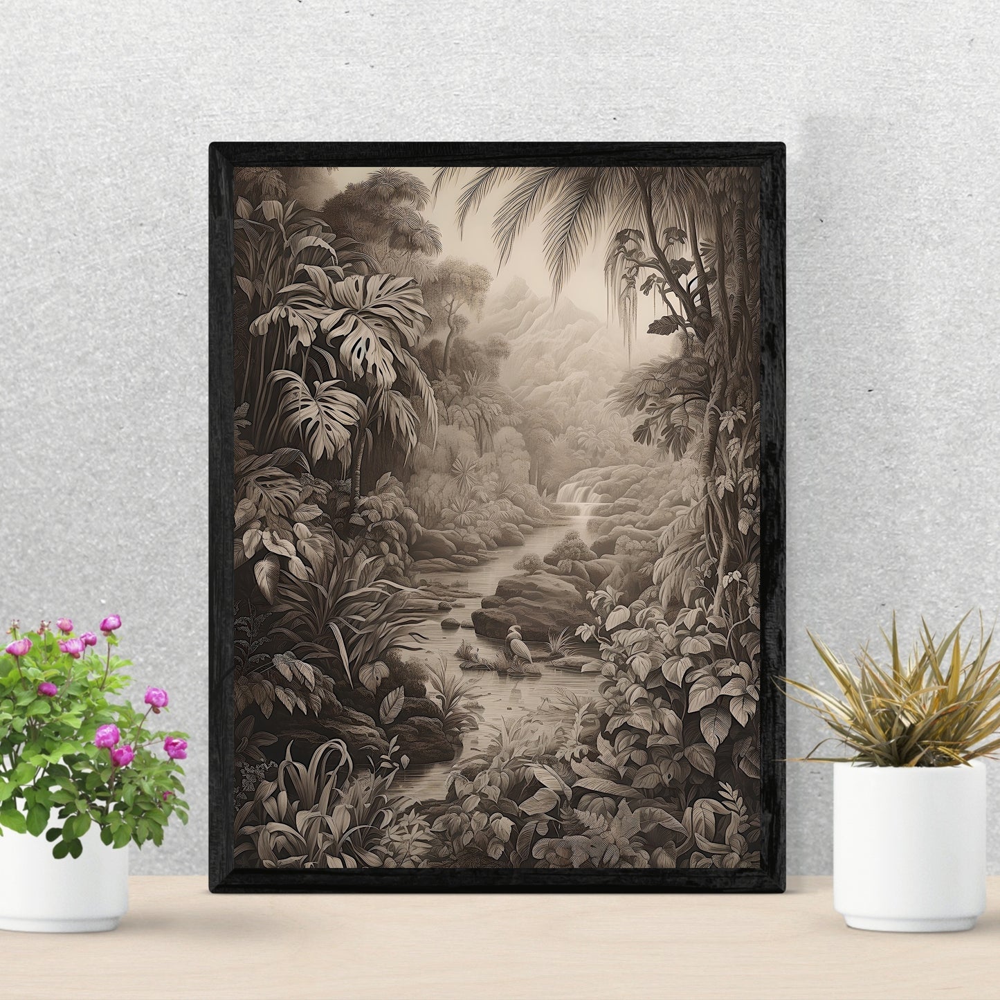 Antique Moody Tropical Painting Brown Beige Paper Poster Prints Tropical Rainforest, Earth Tone Baroque Art, Vintage Scenery Print