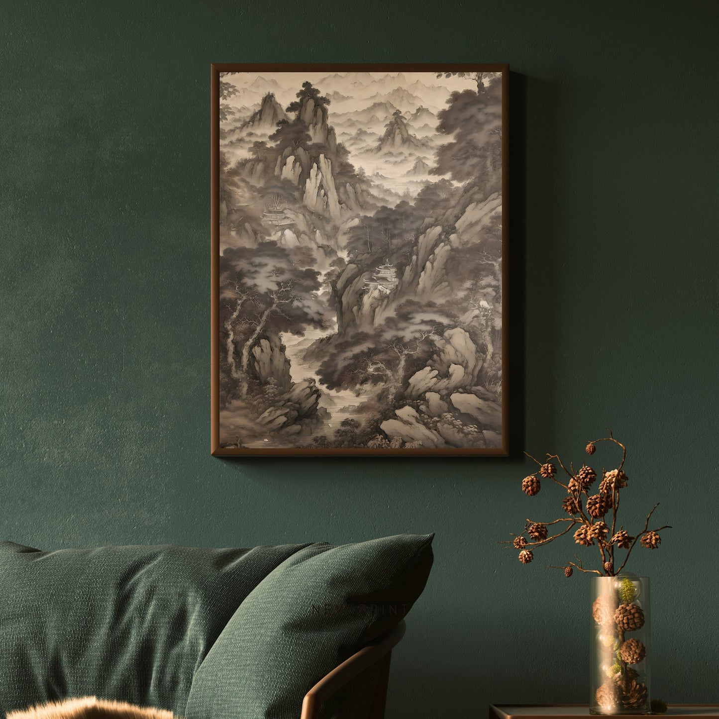 Antique Moody Japanese Painting, Brown Beige Paper Poster Prints Japanese mountains and monasteries, Earth Tone Baroque, Vintage Scenery Print