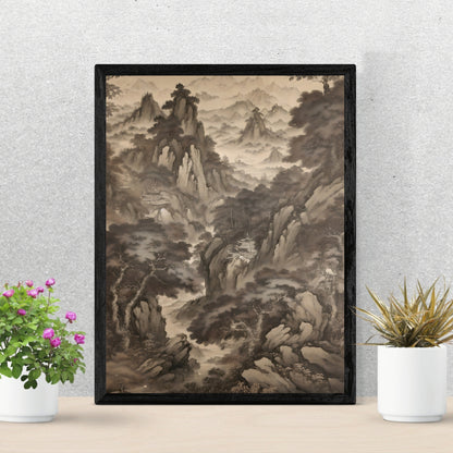 Antique Moody Japanese Painting, Brown Beige Paper Poster Prints Japanese mountains and monasteries, Earth Tone Baroque, Vintage Scenery Print