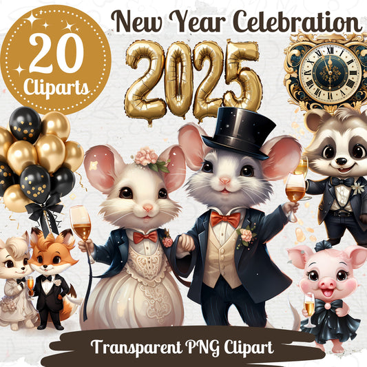 Neujahrsfeier Clipart 20 PNG Bundle Süße Kawaii Cartoon Tiere Silvester Party Schwarz und Gold Grafik Silvester Party Design