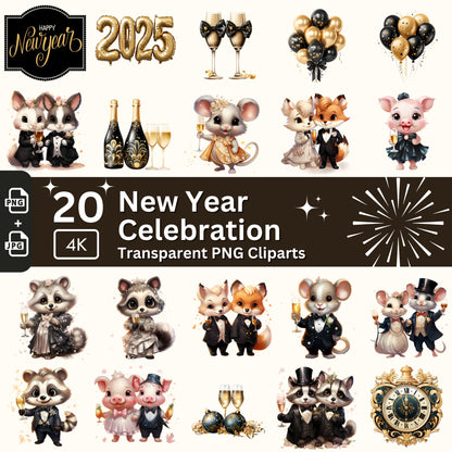 New Year Celebration Clipart 20 PNG Bundle Cute Kawaii Cartoon Animals Silvester Party Black and Gold Graphic New Year's Eve Party Design