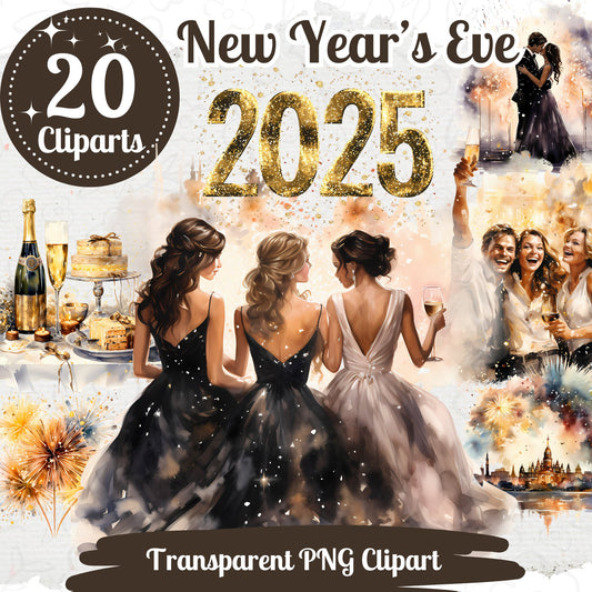 Silvester Clipart 20 PNG Bundle Festliche Neujahrsfeier Designs Schwarz und Gold Aquarell Grafik Neujahr Feuerwerk Party