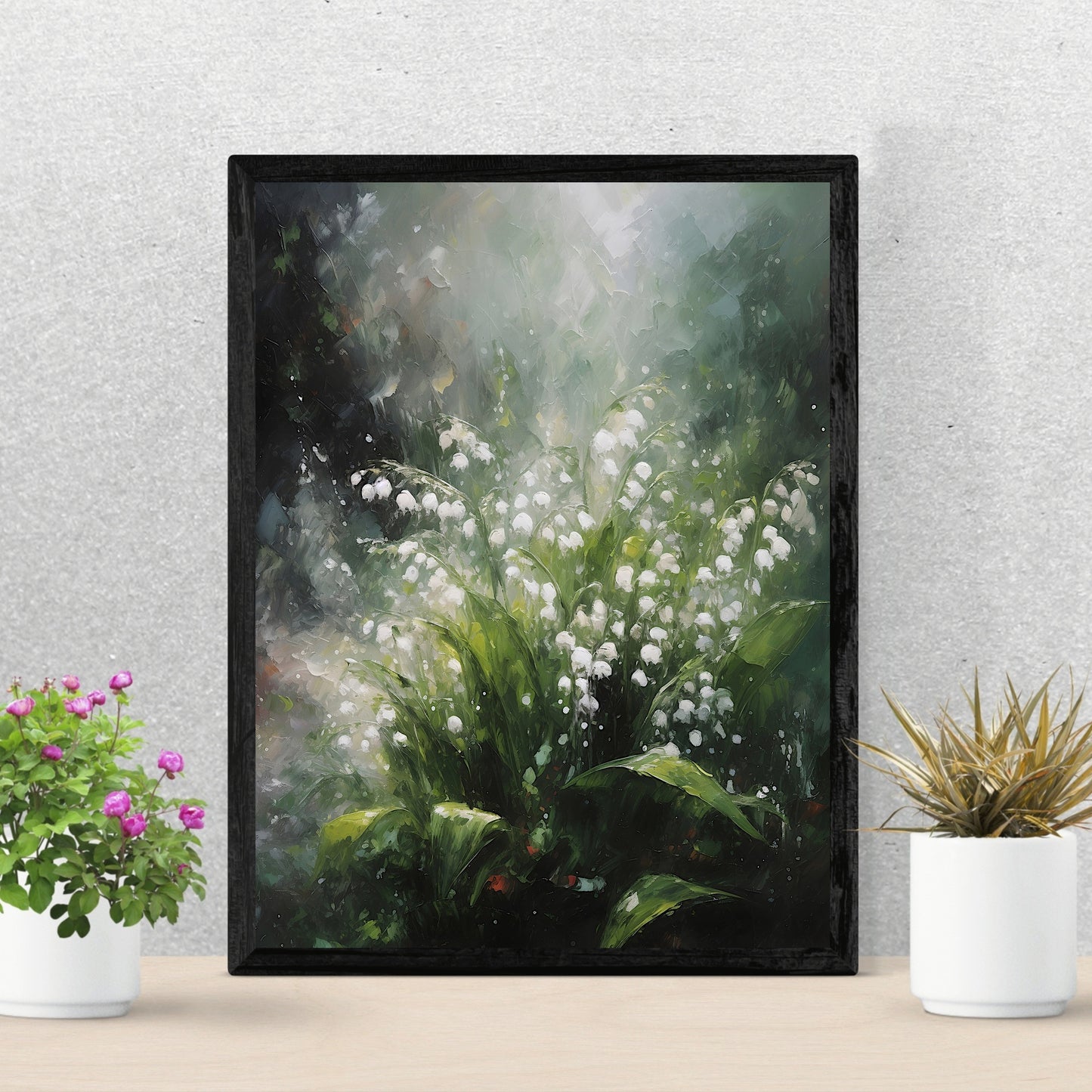 Lily of the Vally Wall Art Oil Painting Paper Poster Prints Vintage Cottagecore Wall Art Woodland Flower Painting Impressionistic White Flower Portrait