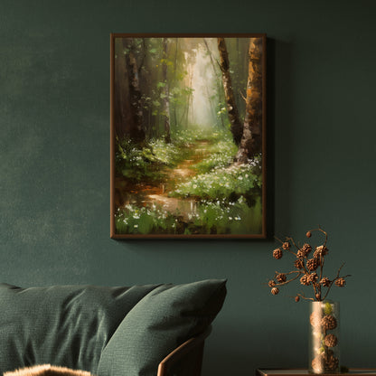 Birch Tree Woodland Lily of the Vally Wall Art Oil Painting Paper Poster Prints Vintage Cottagecore Wall Art Woodland Flower Painting Impressionistic