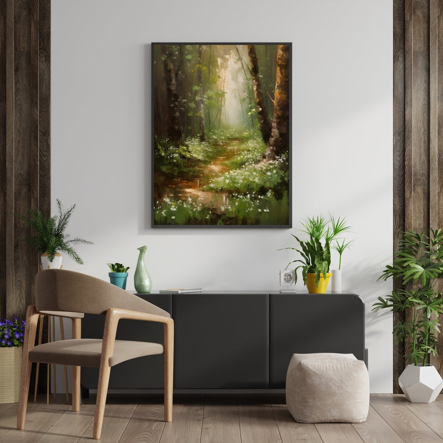 Birch Tree Woodland Lily of the Valley Wall Art Oil Painting Paper Poster Prints Vintage Cottagecore Wall Art Woodland Flower Painting Impressionistic
