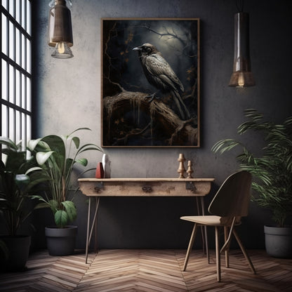 Black Raven in Dark Forest Gothic Wall Art Dark Academia Goblincore Victorian Moody Antique Painting Witchy Gothic Cottagecore Decor Paper Poster Prints