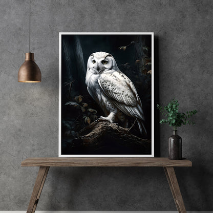 Snow Owl in Dark Forest Hedwig Wall Art Dark Academia Goblincore Victorian Moody Antique Painting Witchy Gothic Cottagecore Decor Paper Poster Prints