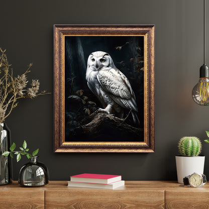 Snow Owl in Dark Forest Hedwig Wall Art Dark Academia Goblincore Victorian Moody Antique Painting Witchy Gothic Cottagecore Decor Paper Poster Prints