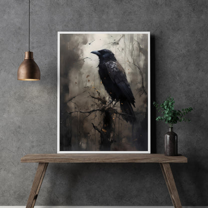Dark Moody Raven in Woodland Gothic Wall Art Moonlit Wildlife Painting Gothic Decor Dark Academia Artwork Vintage Aesthetic Paper Poster Prints
