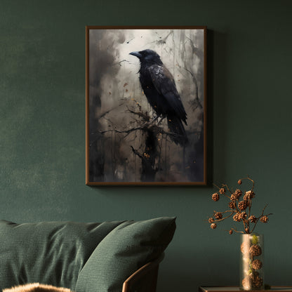 Dark Moody Raven in Woodland Painting Wall Art Moonlit Wildlife Painting Gothic Decor Dark Academia Artwork Vintage Aesthetic Paper Poster Prints