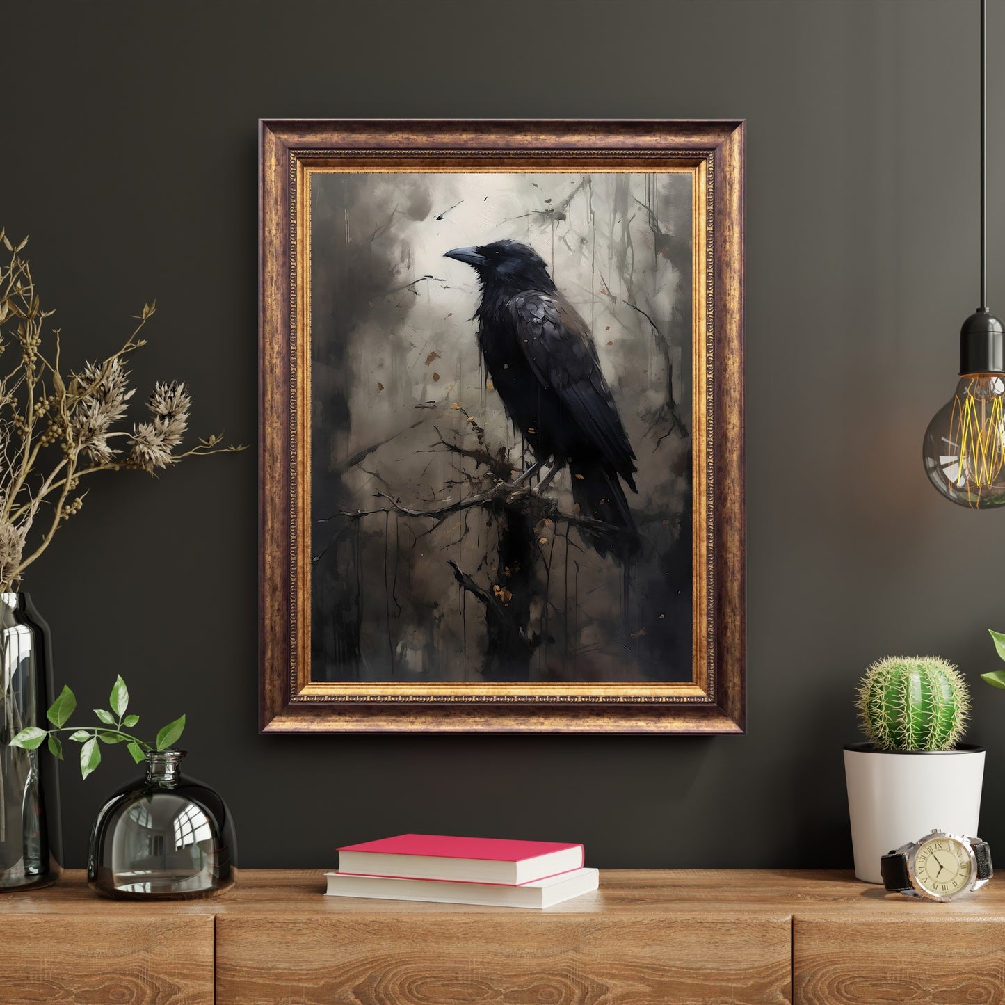 Dark Moody Raven in Woodland Gothic Wall Art Moonlit Wildlife Painting Gothic Decor Dark Academia Artwork Vintage Aesthetic Paper Poster Prints