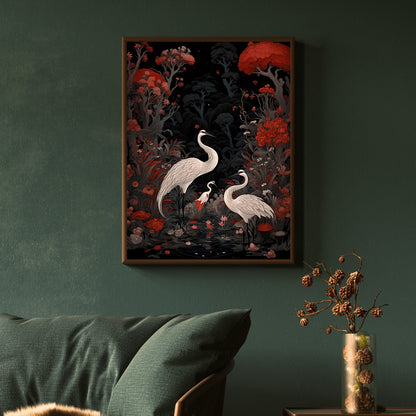 Japanese Crane Art Vintage Japanese Paper Poster Prints Wall Art Oriental Bird Artwork Japandi Style Decor Above Couch Decor Black and Red Painting