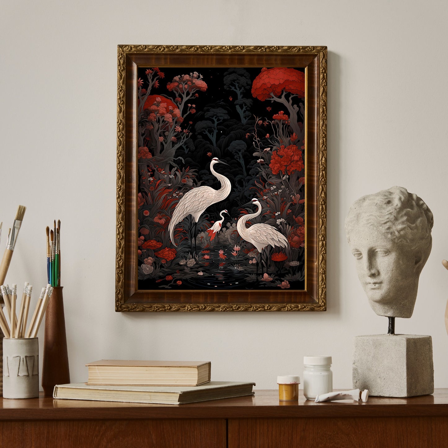 Japanese Crane Art Vintage Japanese Paper Poster Prints Wall Art Oriental Bird Artwork Japandi Style Decor Above Couch Decor Black and Red Painting