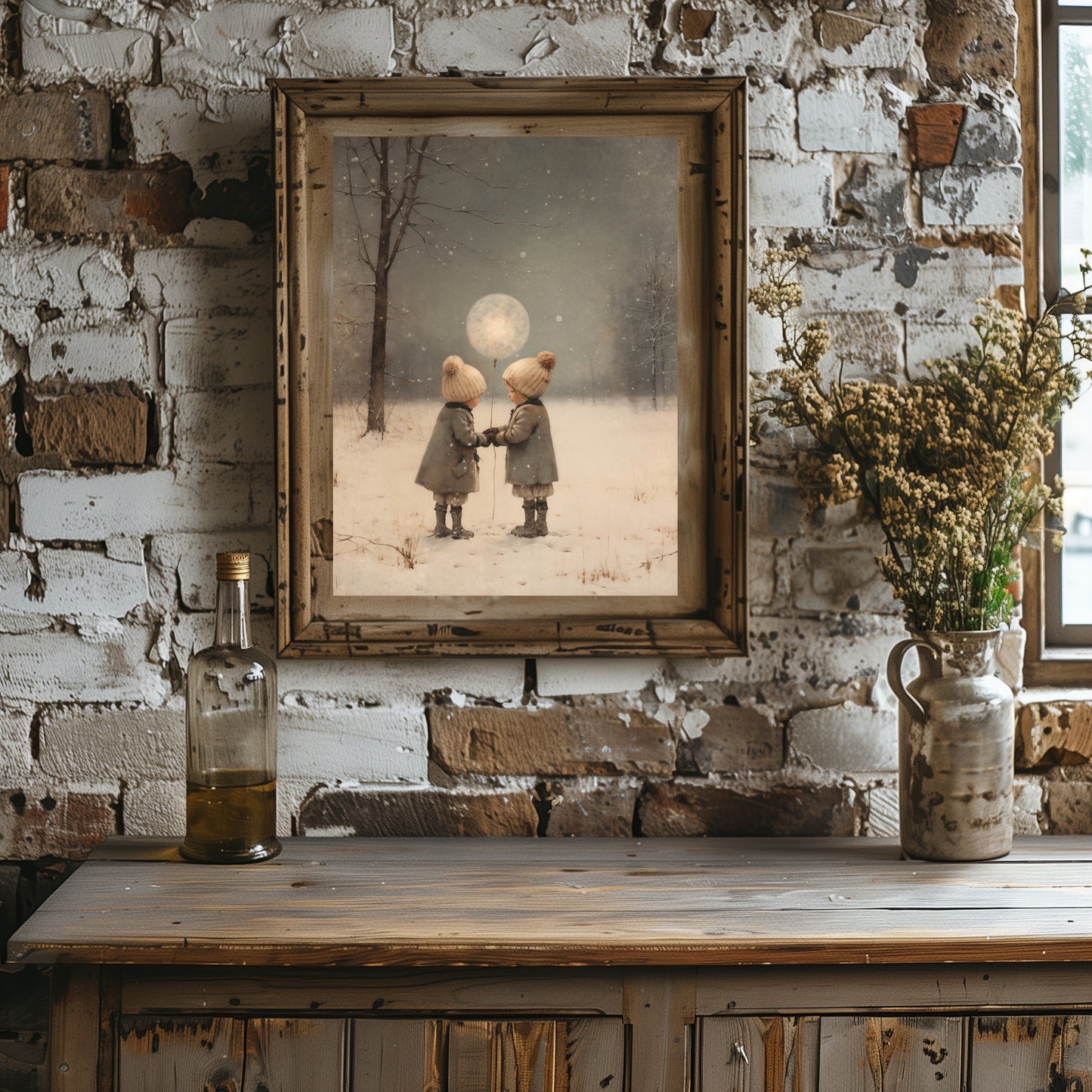 „Lasst uns den Mond heben“-Wandkunst, Vintage-Winterlandschaft, bezaubernde Kinder-Weihnachtsszene, gedämpfter saisonaler Druck, antikes Gemälde, Papier-Posterdruck