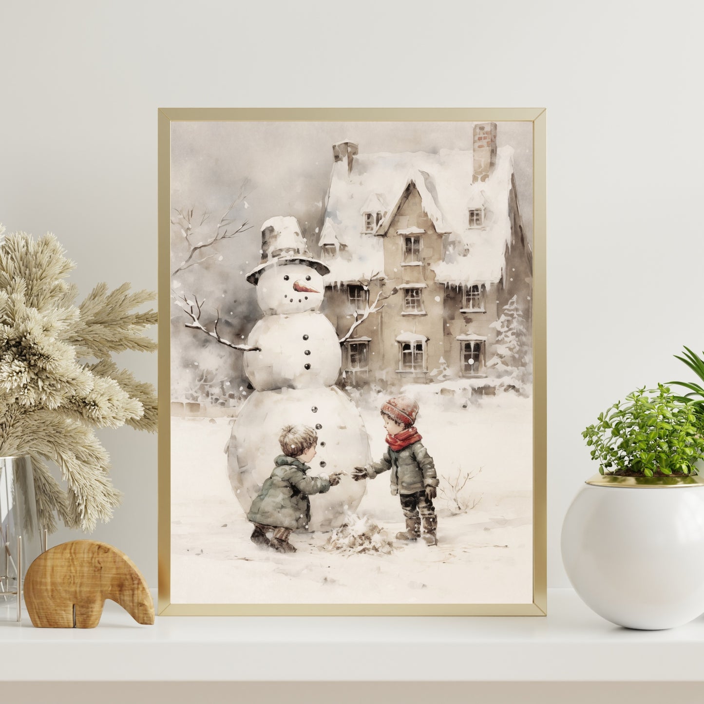 Children building Snowman Wall Art Vintage Winter Landscape Charming Children Christmas Scene Muted Seasonal Antique Painting Paper Poster Print