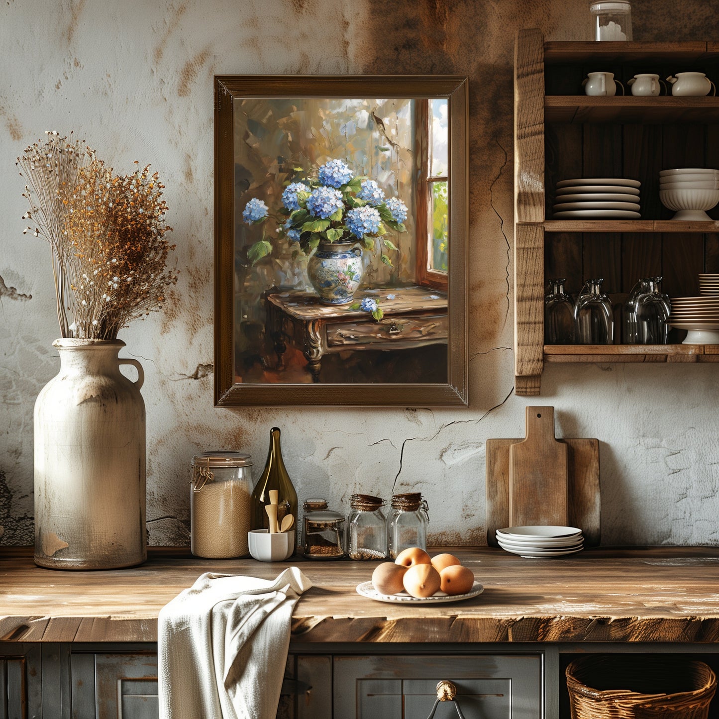 Blaue Hortensien Stillleben Gemälde – Vintage Wand kunstdruck