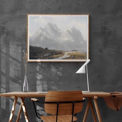 Alpine mountain painting Paper Poster Prints vintage art oil painting farmhouse deocor majestic mountains rustic decor
