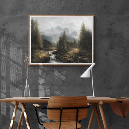 Mountain river landscape painting Paper Poster Prints vintage art oil painting farmhouse deocor alpine forest river painting