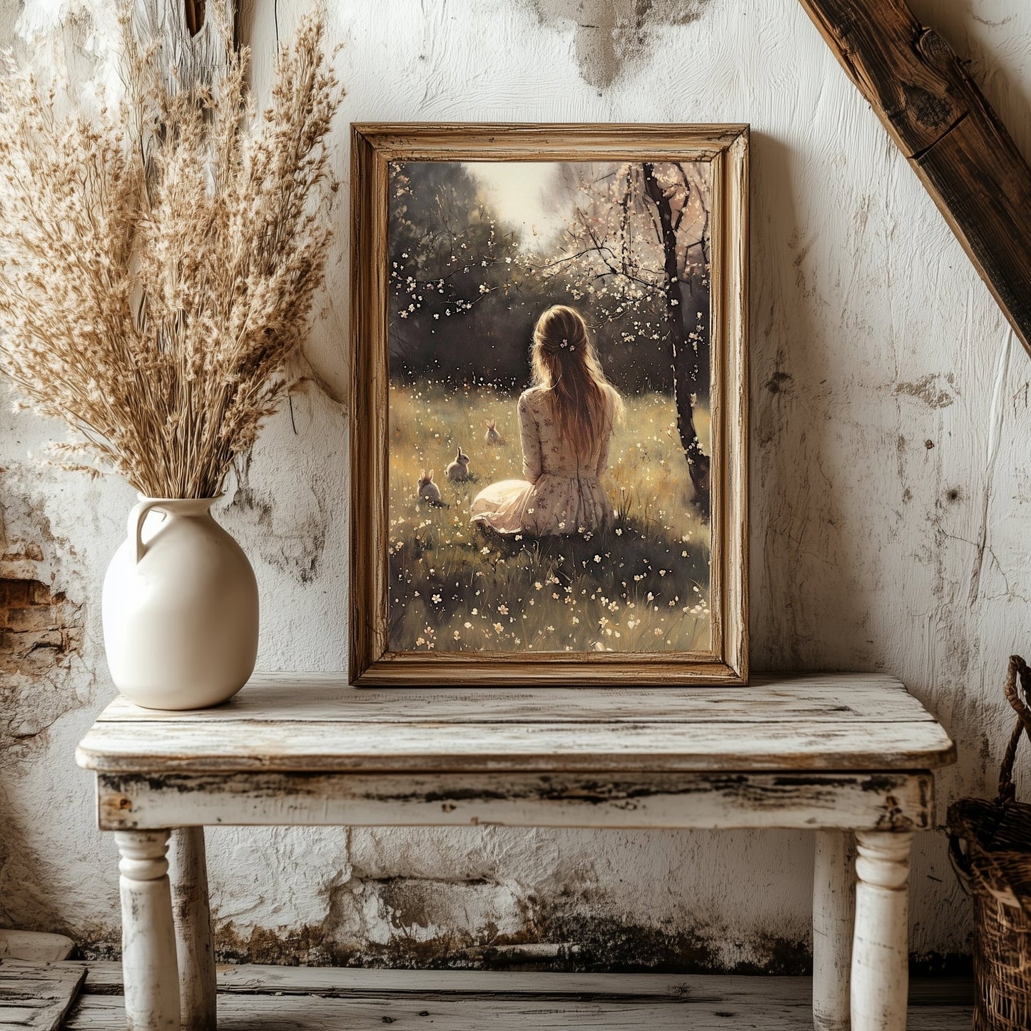 Spring Meadow Wall Art Print – Woman, Bunnies, and Cherry Blossoms Pastoral Decor