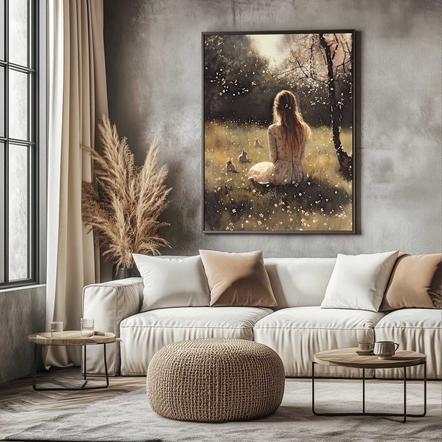 Spring Meadow Wall Art Print – Woman, Bunnies, and Cherry Blossoms Pastoral Decor