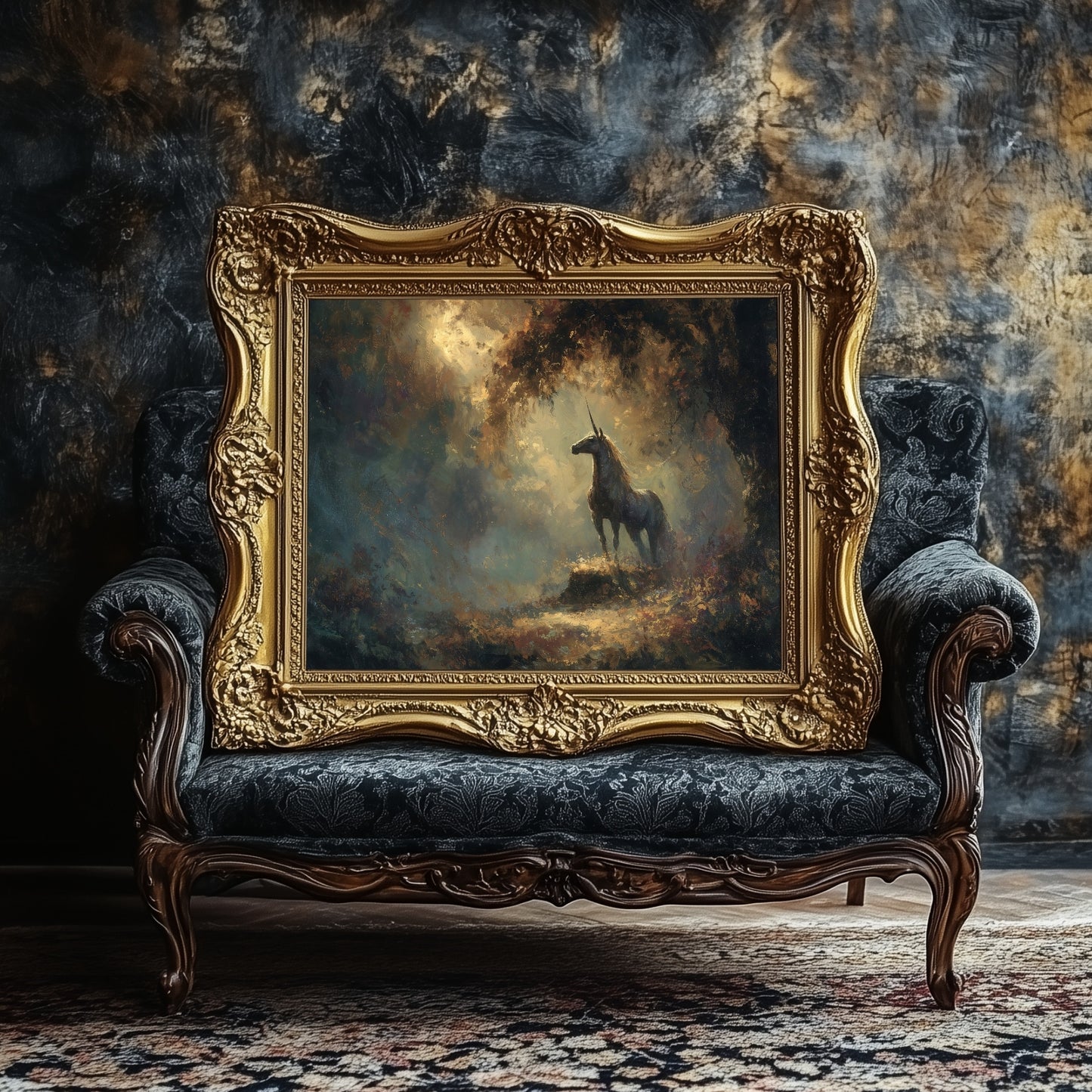 Radiant Golden Unicorn Wall Art Print – Enchanted Forest Fantasy Décor for Magical Storybook Spaces