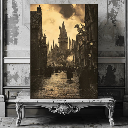 Enchanted Wizard School Street Canvas Print - Sepia Magic Castle Art