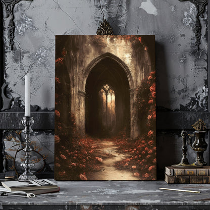 Gothic Cathedral Canvas Print – Dark Floral Fantasy Wall Decor with Roses and Medieval Ruins