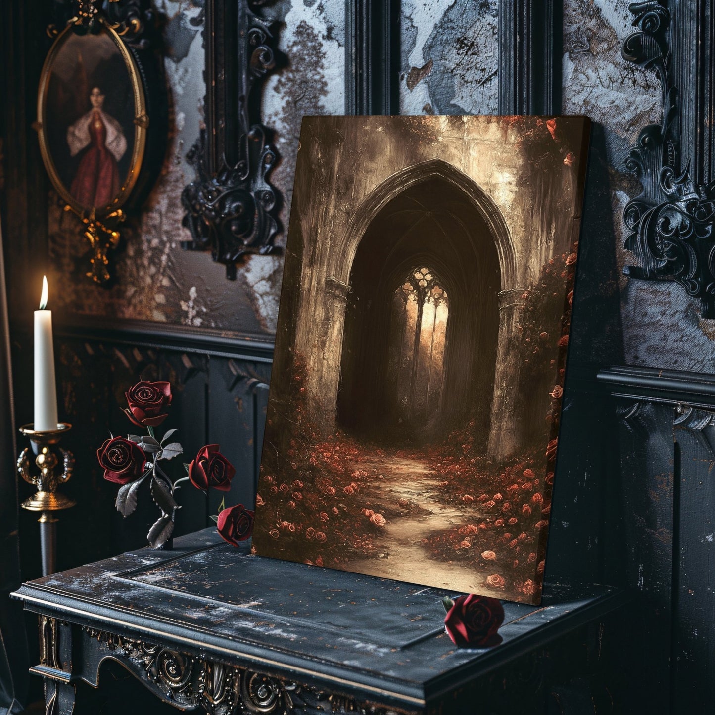 Gothic Cathedral Canvas Print – Dark Floral Fantasy Wall Decor with Roses and Medieval Ruins