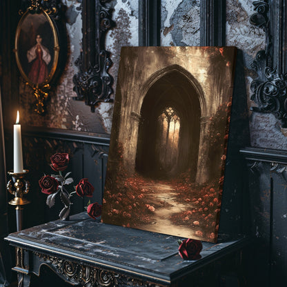 Gothic Cathedral Canvas Print – Dark Floral Fantasy Wall Decor with Roses and Medieval Ruins