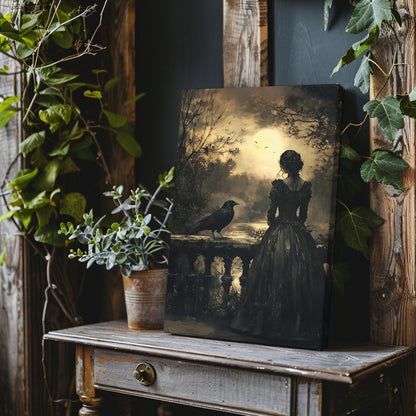 Victorian Woman & Raven Canvas Print - Gothic Dark Romance Art