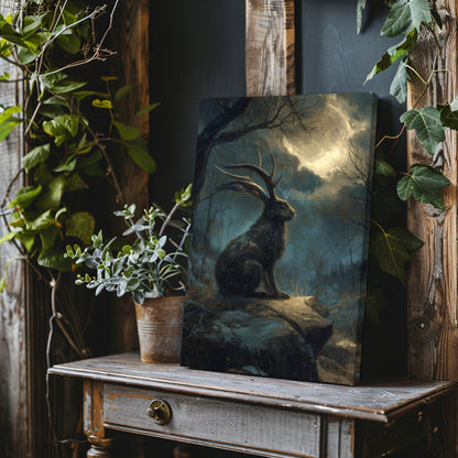 Moonlit Jackalope Canvas Print – Gothic Cryptid Art Inspired by American Folklore & Dark Fantasy