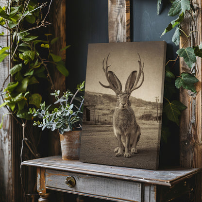 Vintage Jackalope Canvas Print | American Folklore Cryptid Wall Art | Rustic Old West Cabin Decor