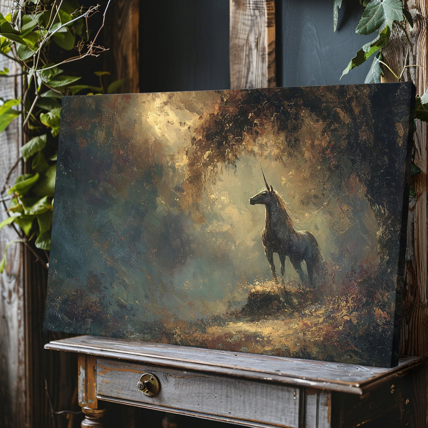 Enchanted Unicorn Canvas Print – Glowing Golden Forest Fantasy Artwork for Moody Magical Interiors