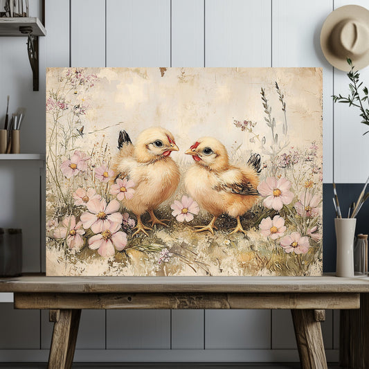 Rustic Spring Chicks Canvas Print – Farmhouse Floral Meadow Art