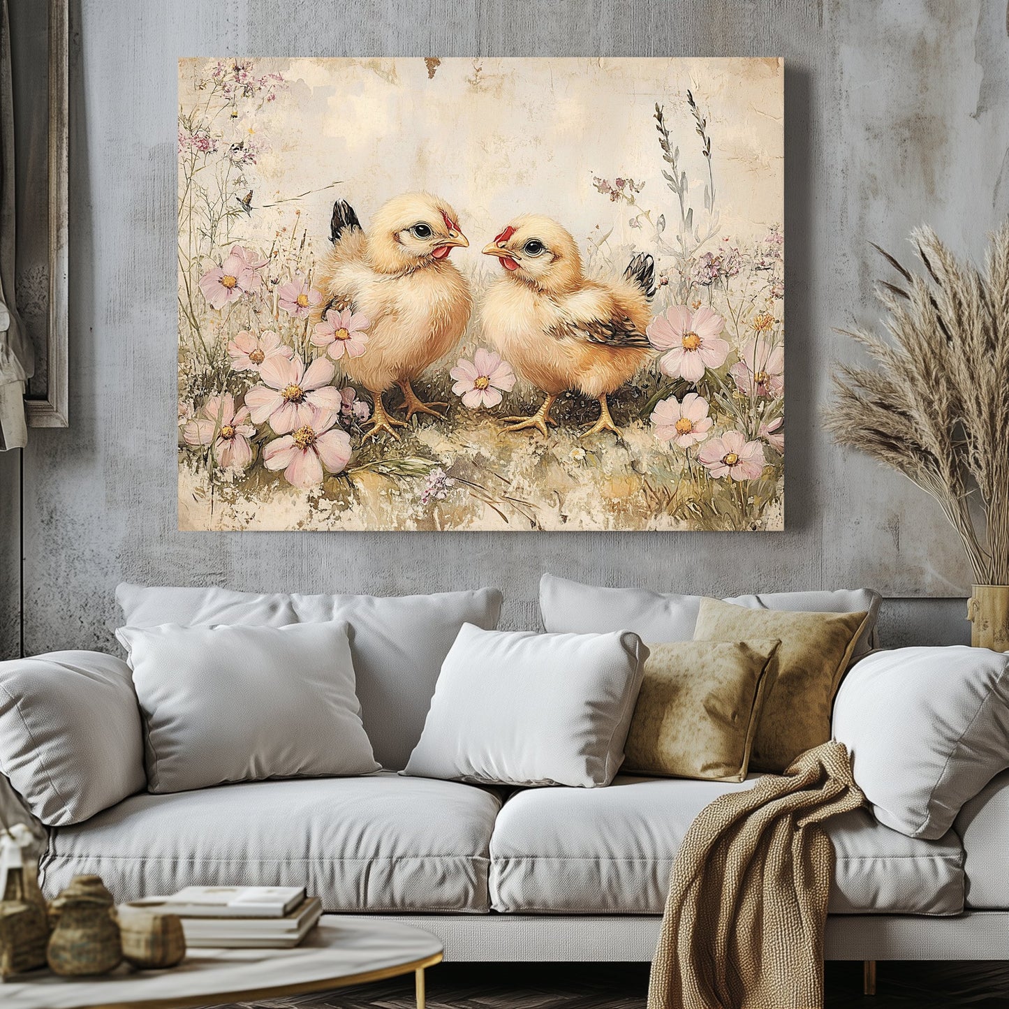 Rustic Spring Chicks Canvas Print – Farmhouse Floral Meadow Art