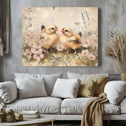 Rustic Spring Chicks Canvas Print – Farmhouse Floral Meadow Art