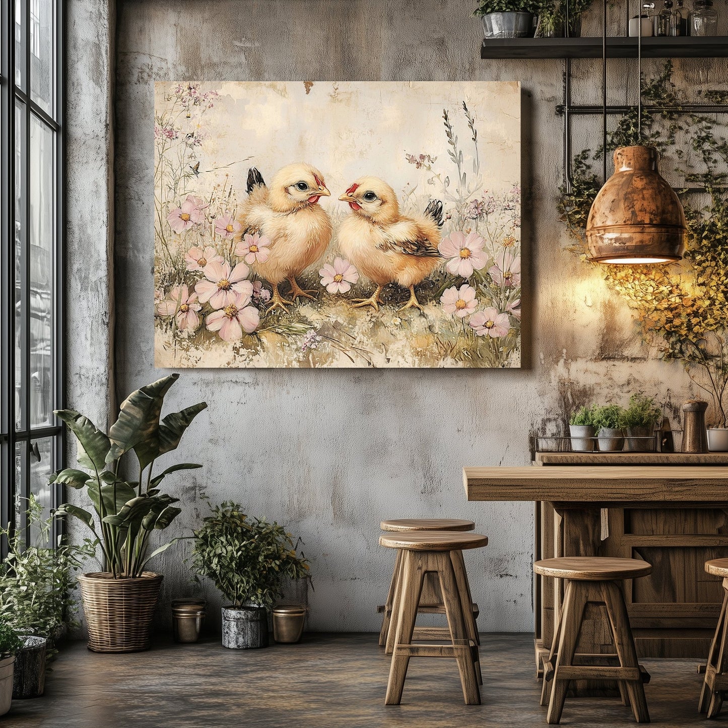 Rustic Spring Chicks Canvas Print – Farmhouse Floral Meadow Art