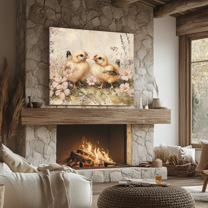 Rustic Spring Chicks Canvas Print – Farmhouse Floral Meadow Art