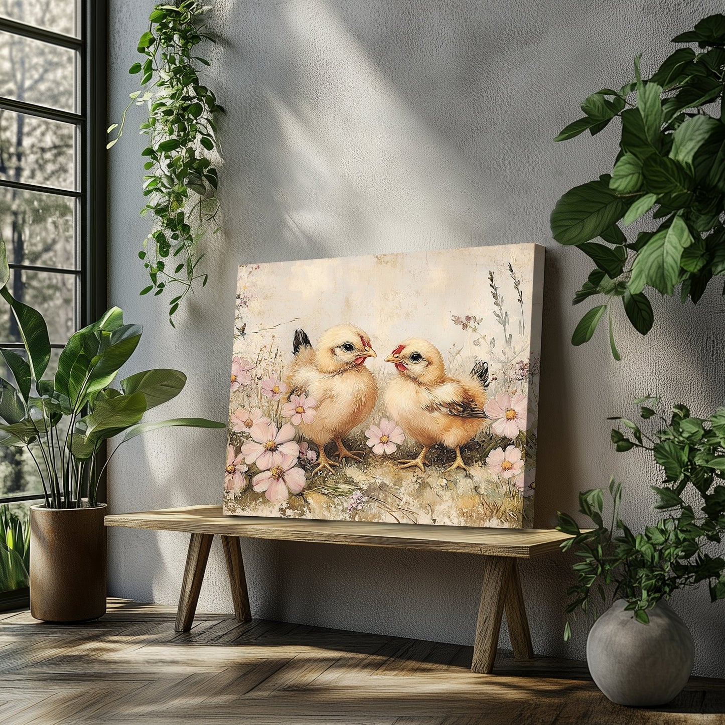 Rustic Spring Chicks Canvas Print – Farmhouse Floral Meadow Art